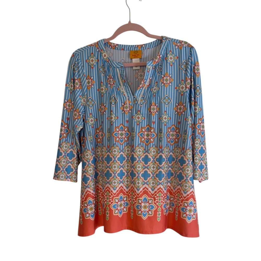Ruby Rd. Petite Top Blue PL Petite Women Geometric Stripe 3/4 Sleeve Tunic